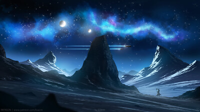 Anime digital art bright sky moon kvacm stars artstation Play Gaming Mat Desk