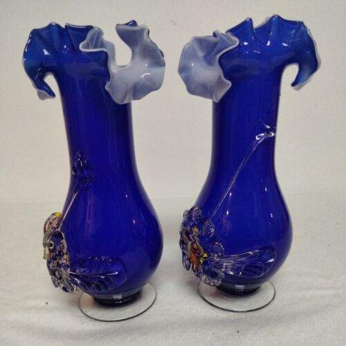 (2) Hand Blown Murano Glass Cobalt Blue Vases Ruffle Top Floral Vintage! - Picture 3 of 7