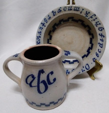 ROWE Pottery Works USA, Baby 2 Handled 1989 Alphabet Mug  Bowl Salt Glaze