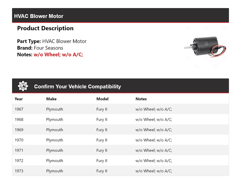 Motor soplador de climatización Plymouth Fury II 1967-1973 4 estaciones 1968 1969 1970 1971 Foto 2 de 4