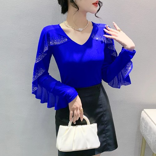 Womens Slim Rhinestone V-Neck Casual Korean Party Cocktail T-Shirt Blouse Tops - Picture 14 of 24