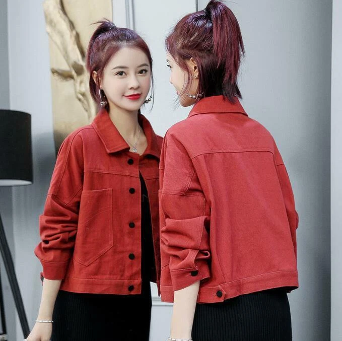 Short red sales denim jacket