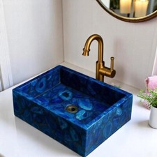 Fregadero de ágata azul - Lavabo de piedra natural, fregadero de baño o cocina de piedras preciosas de lujo