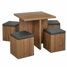 Walnut Brown Wooden 5 pc Dining Set 4 Storage Stools Table Kitchen Nook Dinette