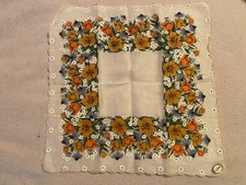 Vtg Carol Stanley Pure Linen Handkerchief Scalloped Edges Fall Flowers Browns