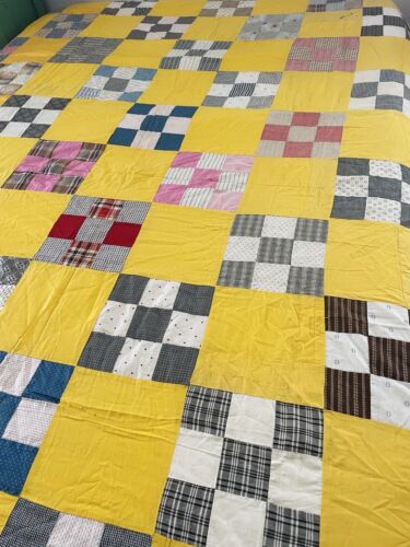 Vintage Quilt Top Yellow Square Checkered Hand Stitch Plaid 73x92” 30s 40s 50s? - Picture 1 of 21