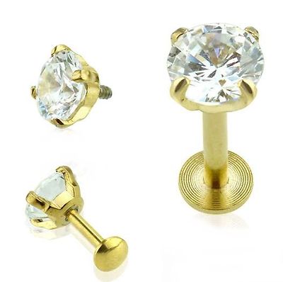 Lip Monroe Stud 16 Gauge 5/16'' Clear 3mm Gem Ball Internal Thread Gold IP *
