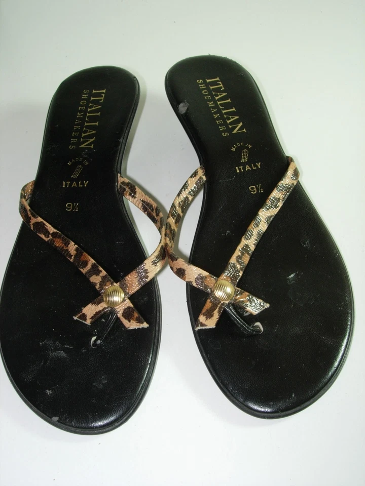 MUJER NEGRO BRONCEADO LEOPARDO SANDALIAS ITALIANAS CHANCLAS TANGA ZAPATOS TALLA 9,5 M Foto 2 de 4