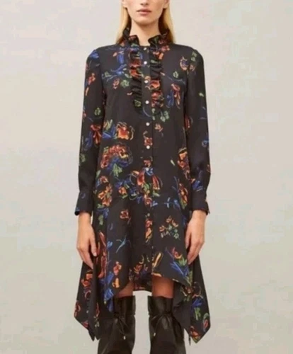 Abito Tory Burch plissettato Cora asimmetrico volant dark accademia fluente sussurrato