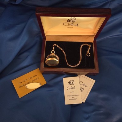 WORKING!! Colibri Pocket Watch Men's 39mm Black/Gold Dial w/Au Chain & Wood case