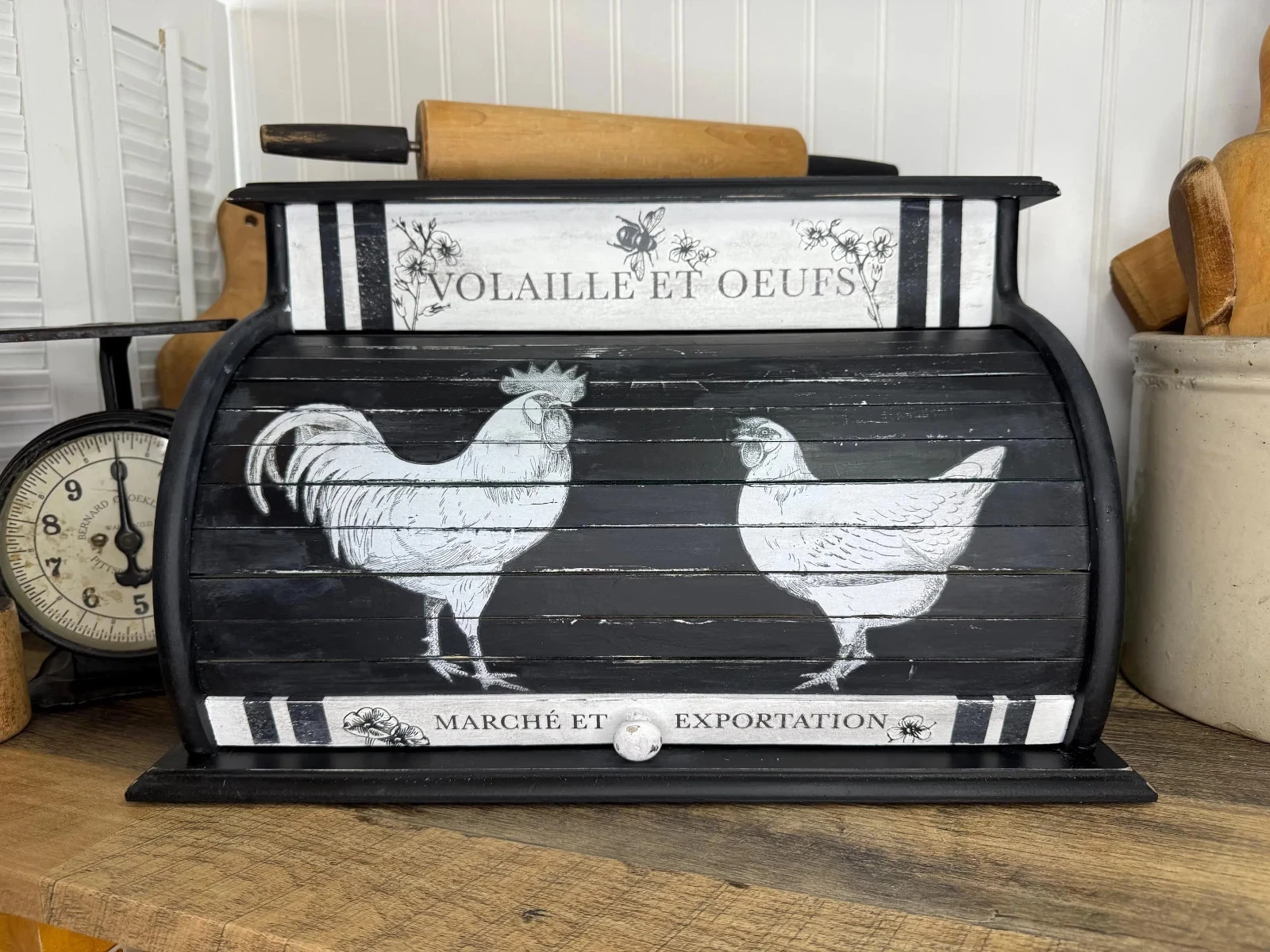 Vintage Large Wood Bread Bakery Box Bin Refinished, Chicken Rooster, Farmhouse