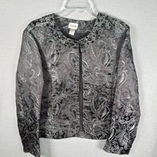 Chico's Black Silver Metallic Paisley Beaded Evening Jacket Blazer Size 2