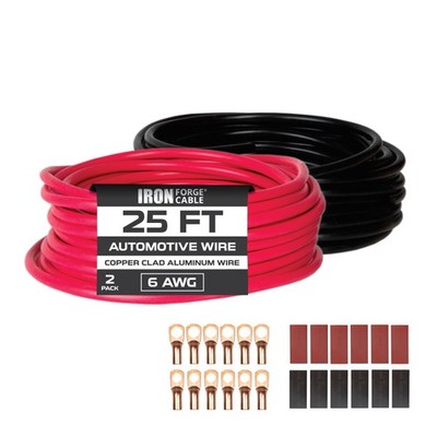 Iron Forge Cable 50 ft 6 Gauge Wire - 2 Pack 25ft Copper Clad Aluminum Primar...