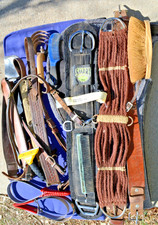 Large Mixed Horse Tack Lot- brushes combs pads chinches breast collars easyboots