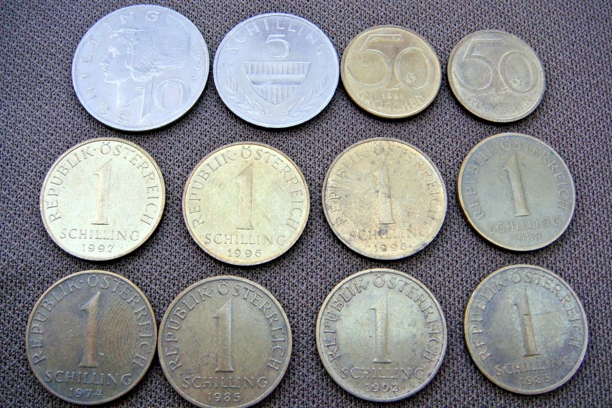 12 Münzen Östereich Schilling (8x1+1x5+1x10) v.1974-93 Groschen (2x50) v.1990/93