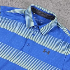 Under Armour Polo Shirt Mens Small Blue Green Stripe HeatGear Golf Loose Fit