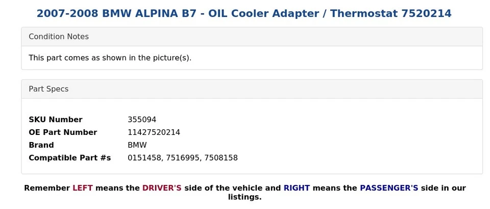 BMW ALPINA B7 2007-2008 - Adaptador enfriador de aceite / termostato 7520214 Foto 3 de 4