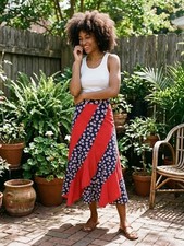 Vintage 70s Patchwork Daisy Polka Dot Midi Skirt Diagonal Zipper Asymmetrical S