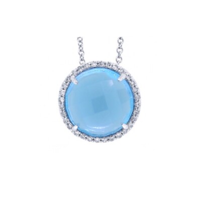 14k WHITE GOLD DIAMONDS & ROUND BLUE TOPAZ DECEMBER BIRTH STONE PENDANT #716