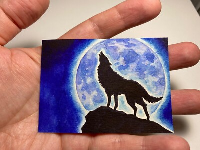 Watercolor Painting Wolf Howl Moon Night Landscape ACEO Art | eBay