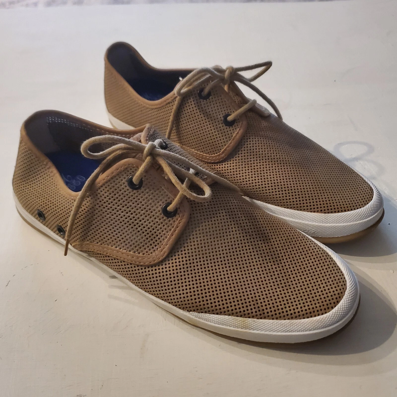 J & M Est 1850 Mens 10 Casual Boat Shoe Mesh Walnut Brown Leather Breathable Tan