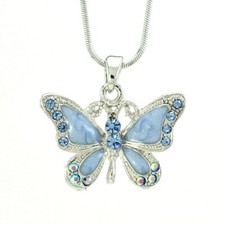 Butterfly Blue Wing Pendant Made With Swarovski Crystal Dark 18" Chain Necklace
