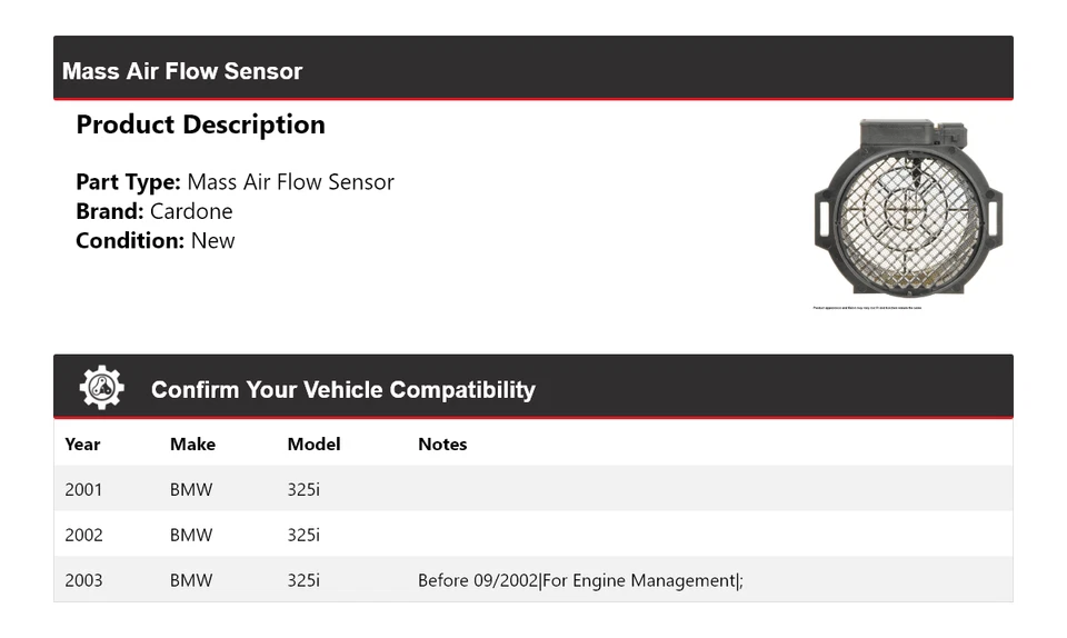 For 2001-2003 BMW 325i Mass Air Flow Sensor Cardone 2002 - Image 2 of 4