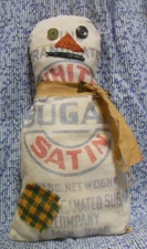 Extreme primitive snowman--White Satin Sugar 10 lb bag-rag stuffed early goods