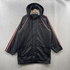 VINTAGE Nike Parka Puffer Jacket Mens Medium Black Stripe Full Zip Hooded Quilt