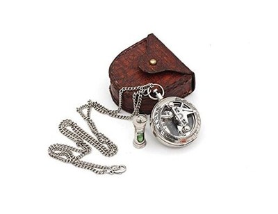 RII Vintage Brass Sundial Compass Necklace, Necklace for Men with Silver