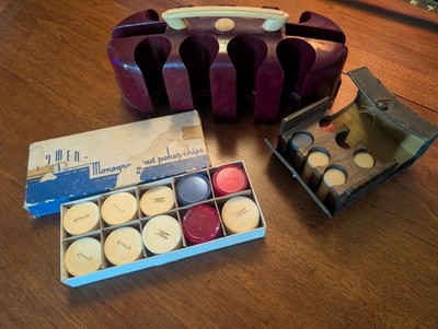 Vintage Poker Chips 1920s Rare Clay Leather Case Bakelite Caddy & 1970s box