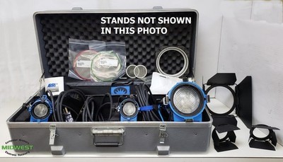 (Lot of 3) ARRI Studio Lights 650 Plus & 150 w/ Barn Doors, Stands, Case & More