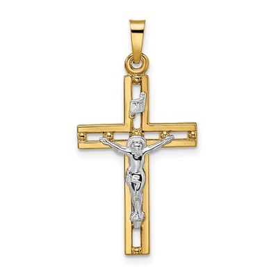 14k Bicolor Gold Poliert Massiv INRI Kruzifix Anhänger 1,03g, L-32,9mm, B-16,7mm