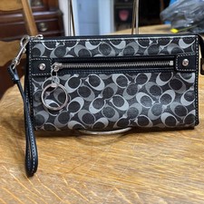 Women's Coach Black/Gray Signature Vinyl with Leather Trim Wristlet Wallet