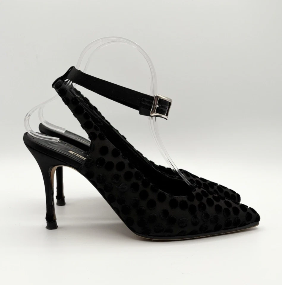 Manolo Blahnik Negro Terciopelo Lunares Punta Punta Tacones Cordones Talla EU 37 7 Foto 2 de 4