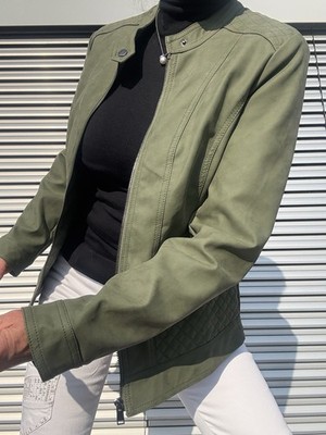 Coole Lederjacke Gr.S/36 Olivgrün 100%Polyurethan waschbar 2Taschen RV neuw.  