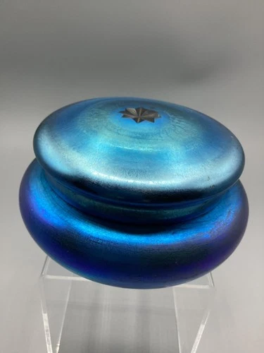 Carder Era Steuben Iridescent Blue Aurene Puff Box or Powder Jar