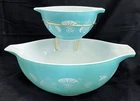 Vintage PYREX Turquoise HOT AIR BALLOON Chip Dip Set 441 & 444 Cinderella Bowls