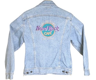 Vintage LEE USA Hard Rock Cafe Las Vegas Adult Small Denim Trucker Jacket STAINS