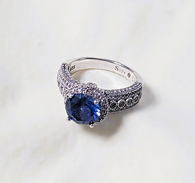 Suzy Levian Sterling Silver Round Cut Sapphire & Diamond Accent Ring Sz 8