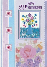 Colorful Wildflowers Blue Vase 3 Hearts Scalloped Edge 20th Anniversary Card