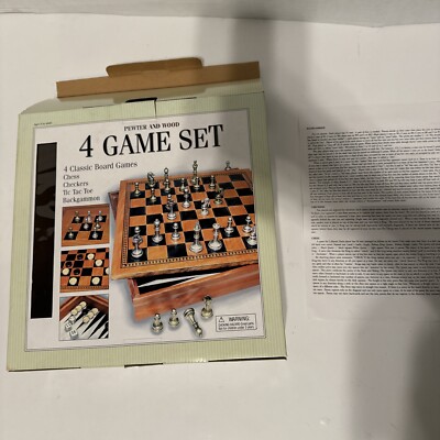 Cardinal VTG Chess Backgammon Checkers Tic Tac Toe Pewter & Wood 4 Game Set  NIB