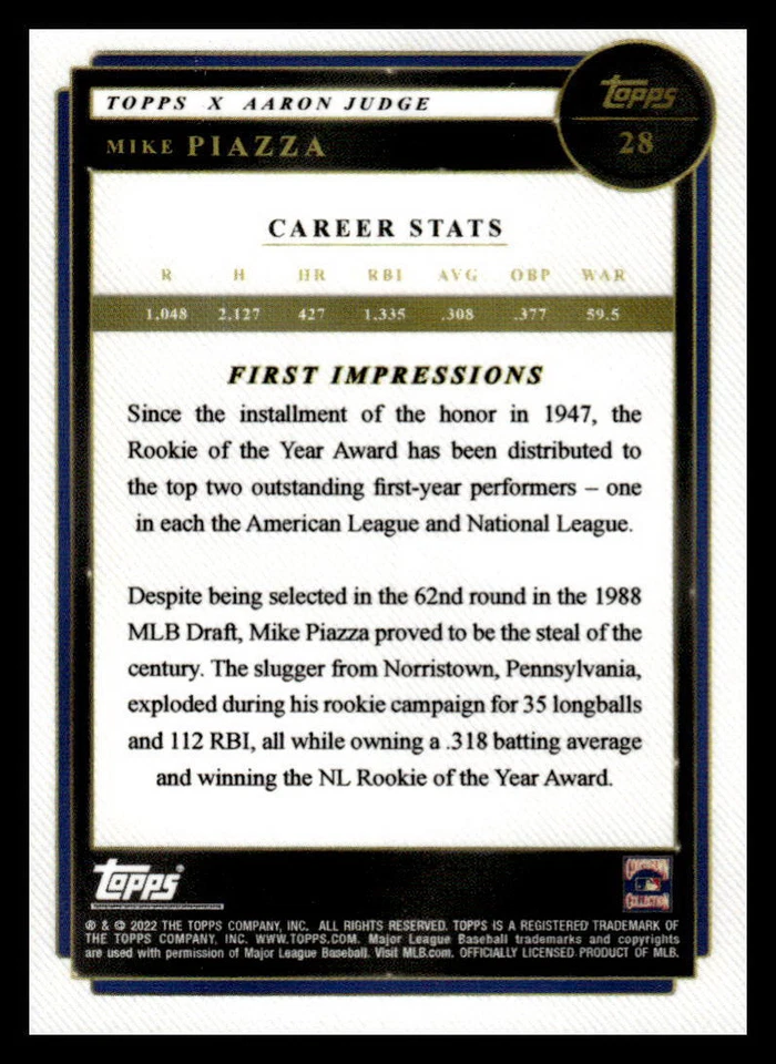 2022 Topps x Aaron Judge Mike Piazza   28 Los Angeles Dodgers - Image 2 of 2