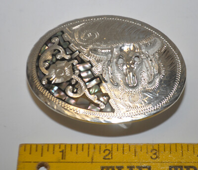 Hand Made Mexico Alpaca 925 Bull Skull MOP Inlay Western Silver