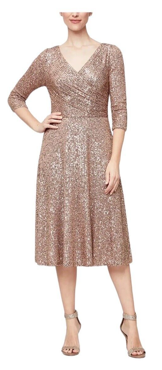 Alex Evenings Women's Dress Size 3/4 Sleeve Sequin A Line Gold Sequin Size  12P