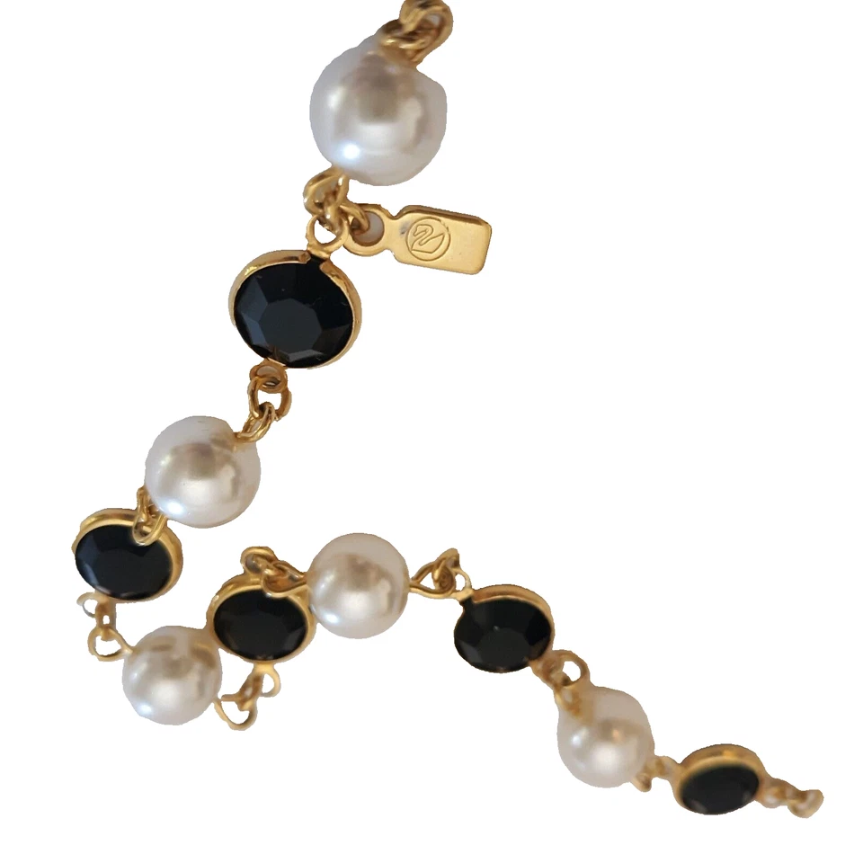 Swarovski Crystal Necklace Black Bezel Set White Faux Pearl Gold Tone Swan Stamp - Image 3 of 4