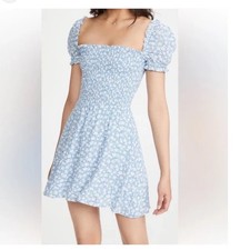 Reformation Orangerie Blue Floral Smocked Mini Dress XL Puff Sleeve Square Neck