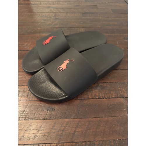Polo Ralph Lauren Cayson Slides Mens 11 Black Red Pony Logo Sandals 40364 C22