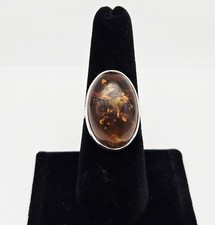 Vintage Sterling Silver Amber Cabochon Modernist MCM Ring Size 6.5 - 5.8g