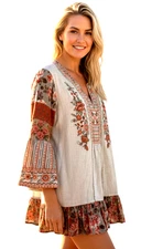 John Mark Embroidered Linen Floral Peasant Boho Shirt Top Women's Size M.